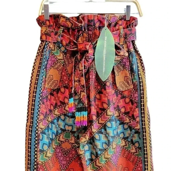 NWT Farm Rio Striped Paper Bag Pants Beaded Bohemian Aztec Tribal Tropical Pants - Picture 1 of 12